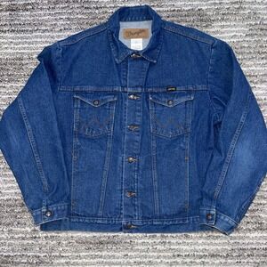 VTG upside down logo Wrangler Denim Jacket Mens Cowboy Trucker Western Ranch